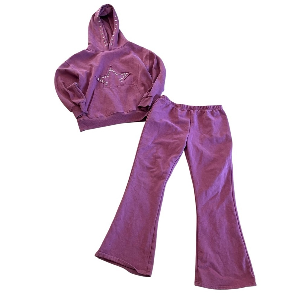 Paisley Lane 2-Piece Hoodie Sweatshirt & Flare Pants Set Size 12 Pink Mauve Star